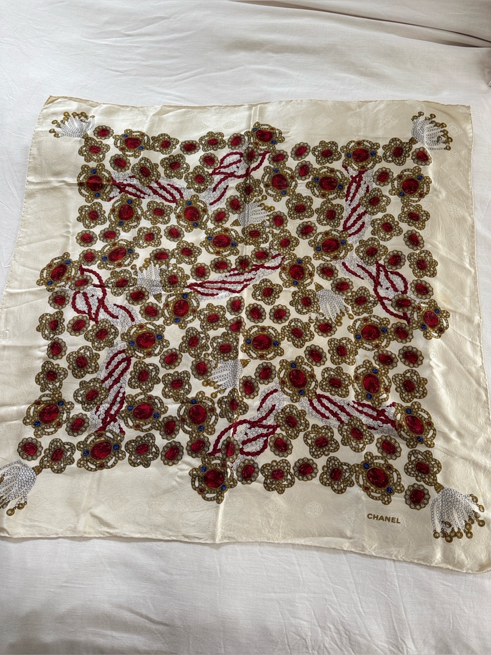 CHANEL Cream Silk Scarf with Red, Gold & Blue Jewel Motif
